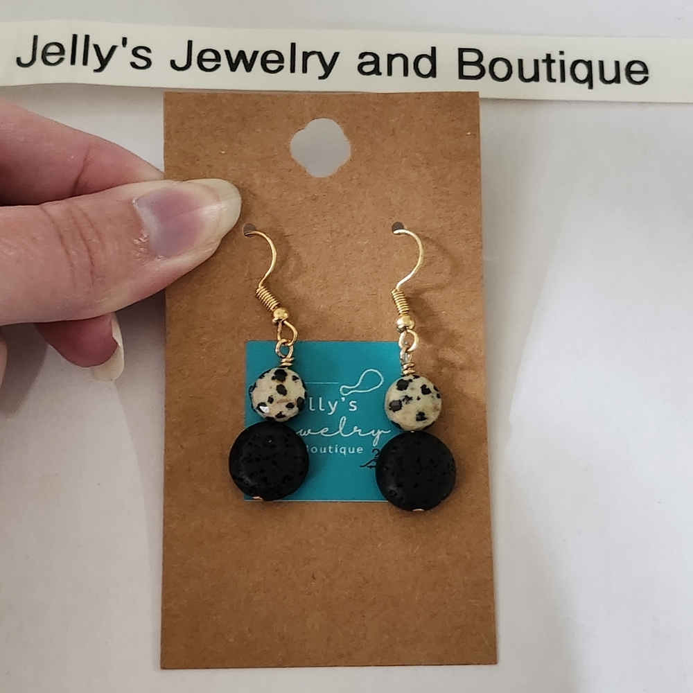 Jelly's Jewelry and Boutique Handcrafted, NWT, Dalmatian & Lava Rock Earring